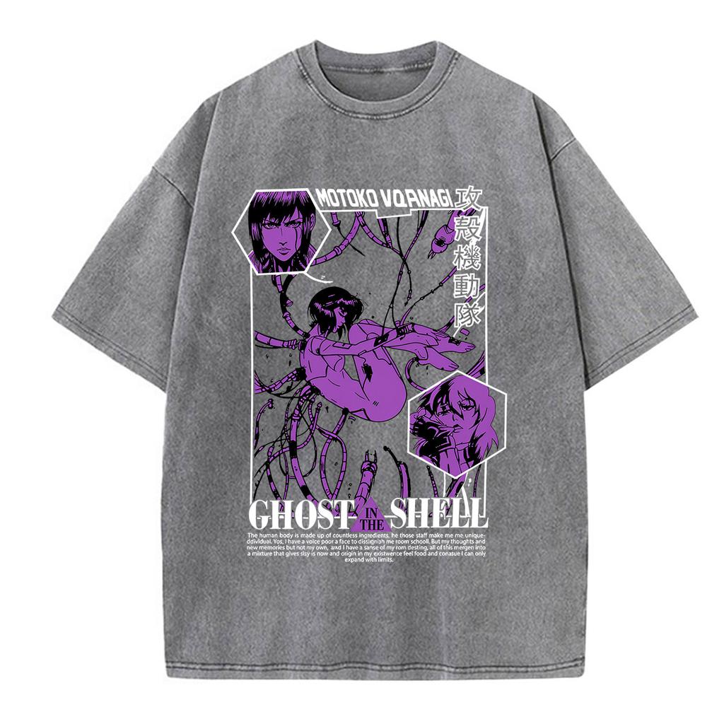 Camisetas Gráficas Vintage Lavadas de Anime Ghost in The Shell Motoko Kusanagi para Hombre y Mujer Moda Camisetas de Manga Corta Oversize