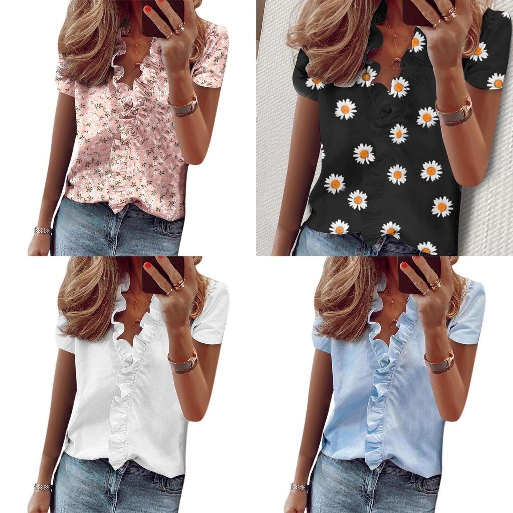 Stylish Women's V Neck Ruffle Short Sleeve T Shirt With Fashionable Daisy Print