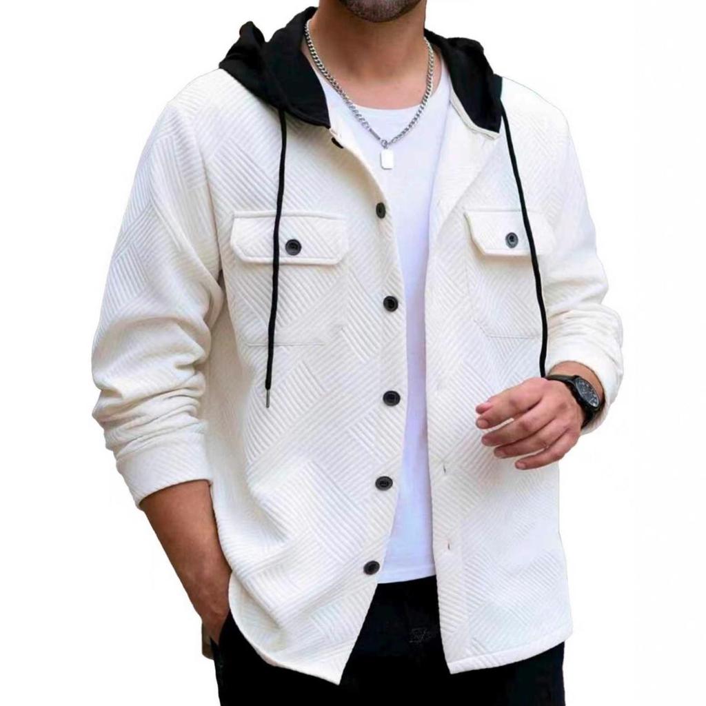 Men's Autumn/Winter Color Block Hooded Jacquard Sweatshirt with Buttons and Pockets