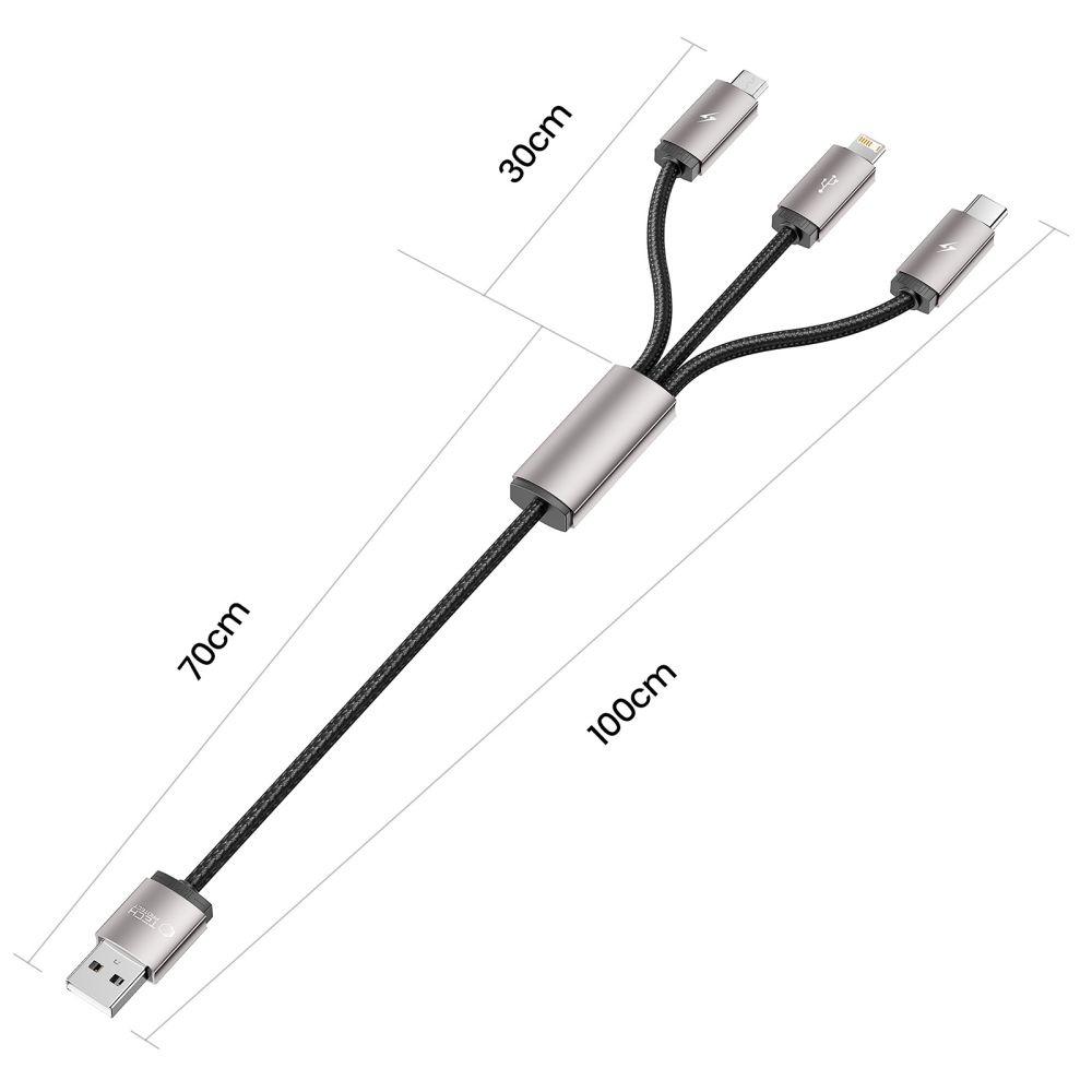 Kabel przewód 3w1 USB-A - Lightning / USB-C / micro USB 1m - szary