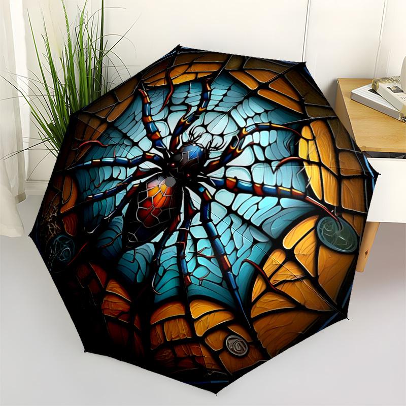 1pc Spider StainedGlass Automatic Folding Umbrella, Lightweight Retractable Compact Travel Umbrella, 8-Rib Sturdy Frame097