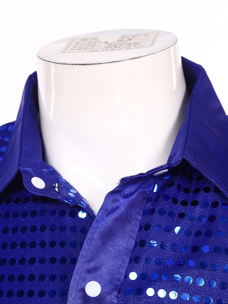 Mens Shiny Sequin Dance Shirt Latin Jazz Performance Wear Turn Down Collar Long Sleeve Patchwork Top