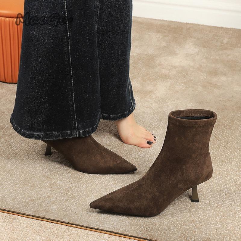 Fashion High Heel Women's Ankle Boots Soft Leather Suede Elegant Office Ladies Short Boots Bota Feminina Size 35-39 Pointed Toe Botines