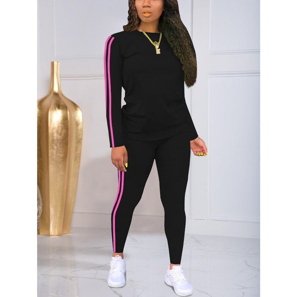 

Новый женский повседневный спортивный костюм, однотонный топ с длинным рукавом и длинные брюки, комплект из двух предметов XXL чёрный/розы красного
