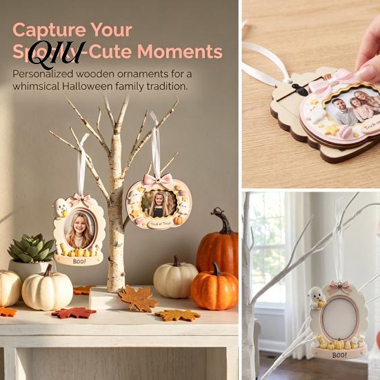Desktop Picture Holder Mini Halloween Frame, Small Cute Ghost Pumpkin Photo Frame Ornament, Lightweight Wooden Decorative Postcard for Tree,