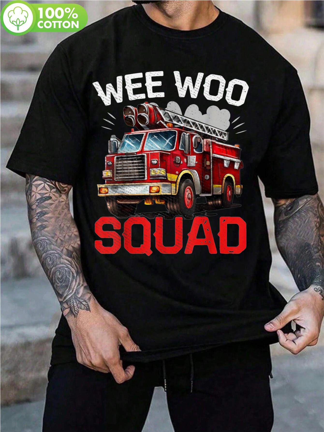 Wee Woo Squad Fire Truck Graphic Cotton T-shirt - Black with Red & White Print S