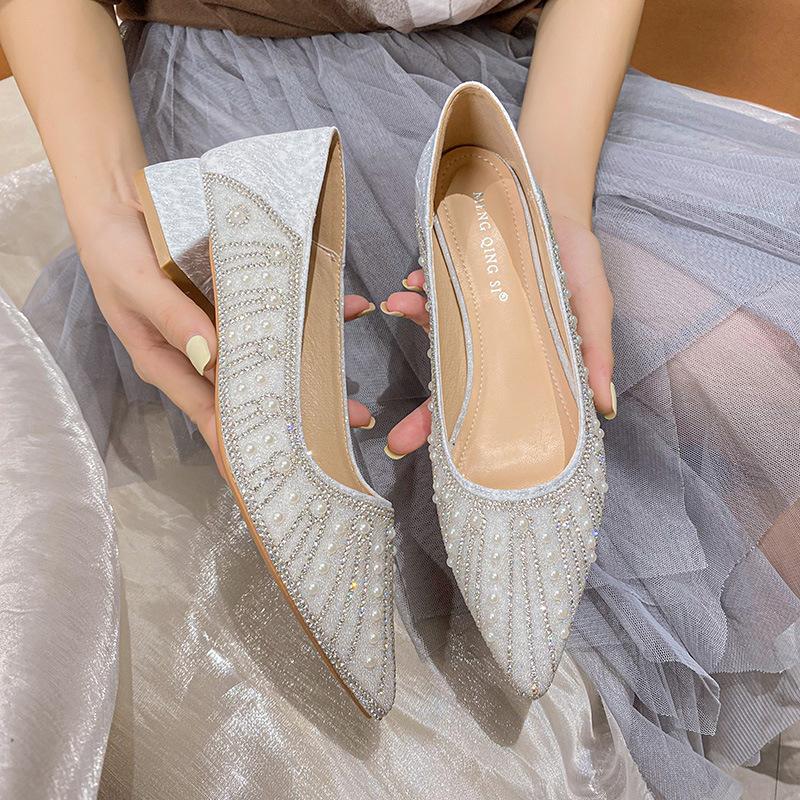 Fashion Luxury Pearl Beading high heels shoes for woman silver crystal pumps pointed toe sequines cloth bling tacones mujer big size 43