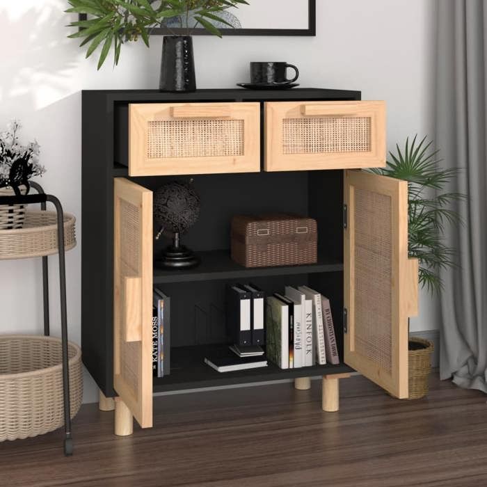 VidaXL Buffet Noir 60x30x75 cm Bois de pin massif et rotin naturel 345637