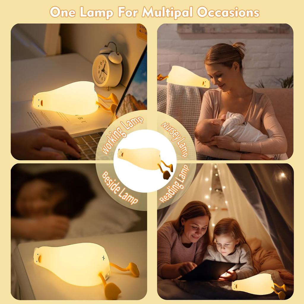 Lying Flat Duck Night Light, Cute Silicone Light Up Duck, 3 Level Dimmable Nursery Nightlight, LED Duck Lamp, Rechargeable Bedside Touch Lamp for