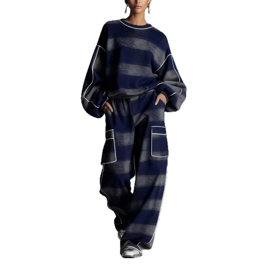 Women's Vintage Street Style Contrast Piped Two Piece Pants Set Outfits for European American Crossborder