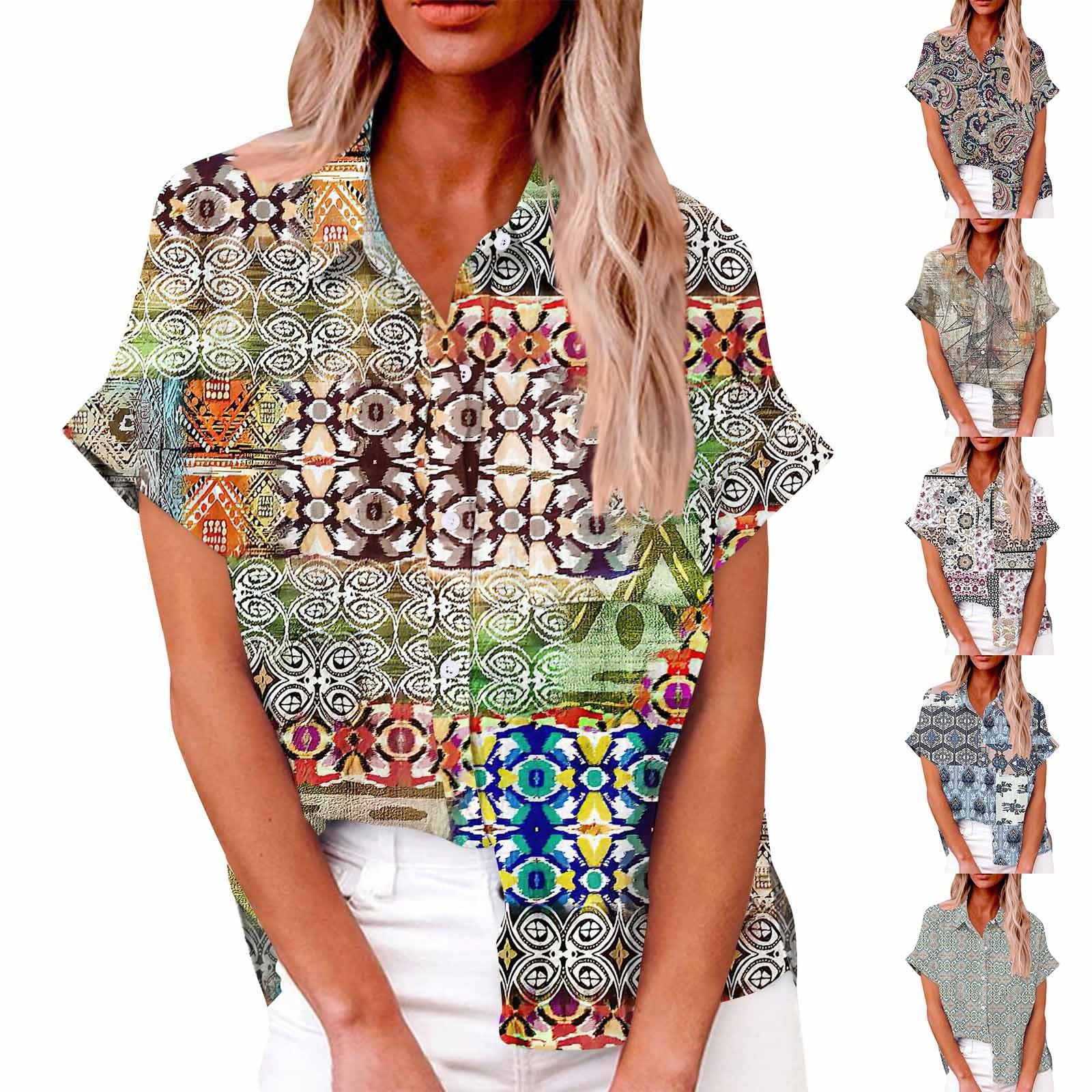 

Женская модная свободная повседневная рубашка с коротким рукавом и отворотом на пуговицах, футболка с принтом, топ