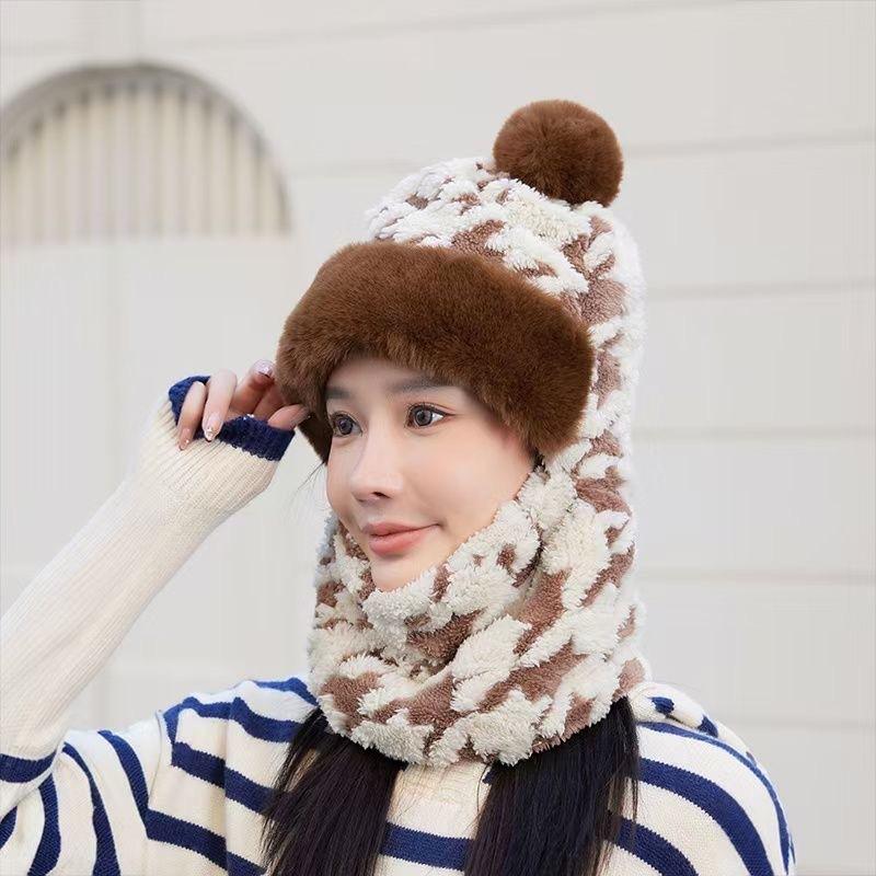 1Pcs Winter Knitted Hat Scarf Mask One-Piece Plush Pompom Beanies For Women Outdoor Cycling Cap Ears Neck Protection Skiing Cap