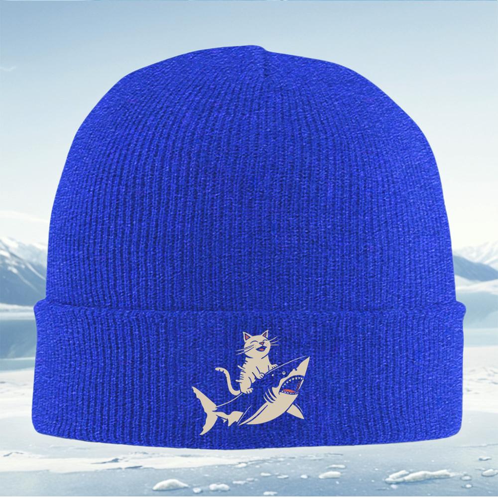 Cat riding shark happy adventure Men Women Unisex Knitted Hat Beanie Pullover Cap Winter Thermal Warm Christmas Outdoor Cycling