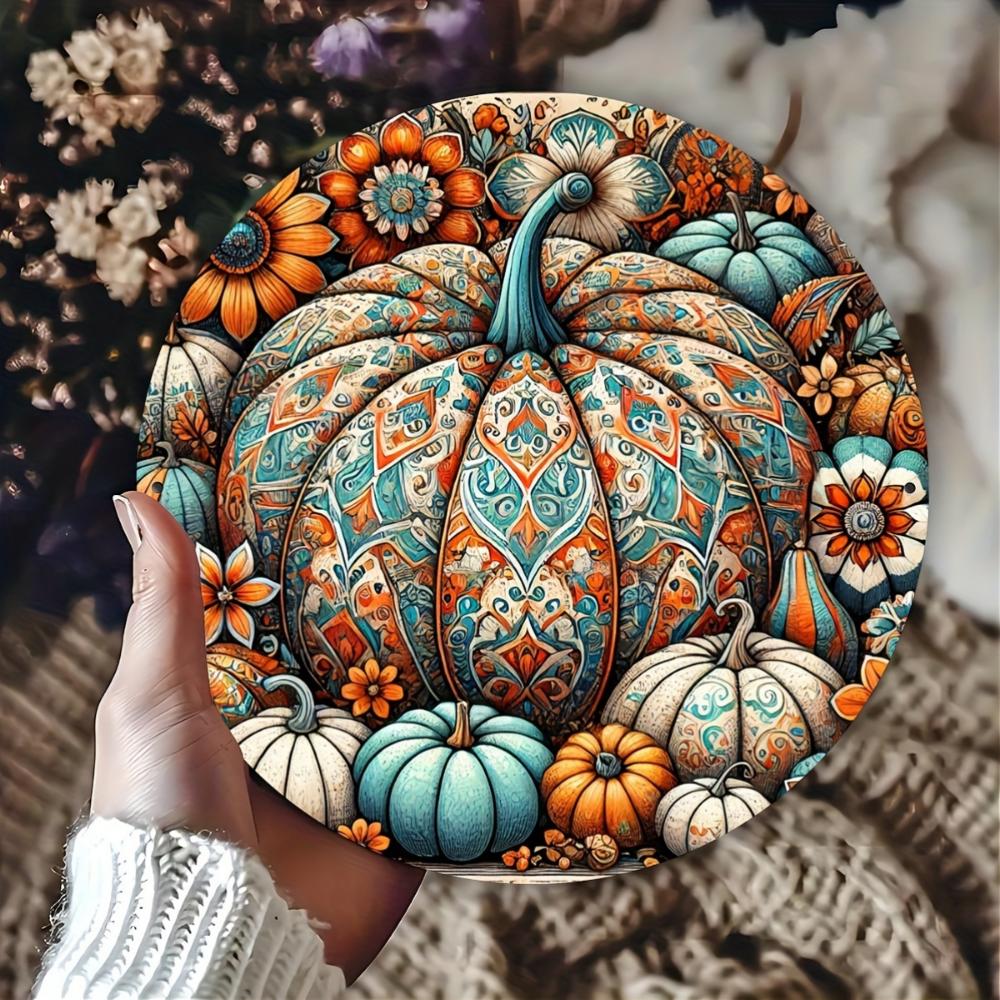 Pumpkin and Floral Design Wall Art - 8X8 Inch Round Iron Metal Sign - Perfect for Home, Farmhouse, Porch, Bedroom