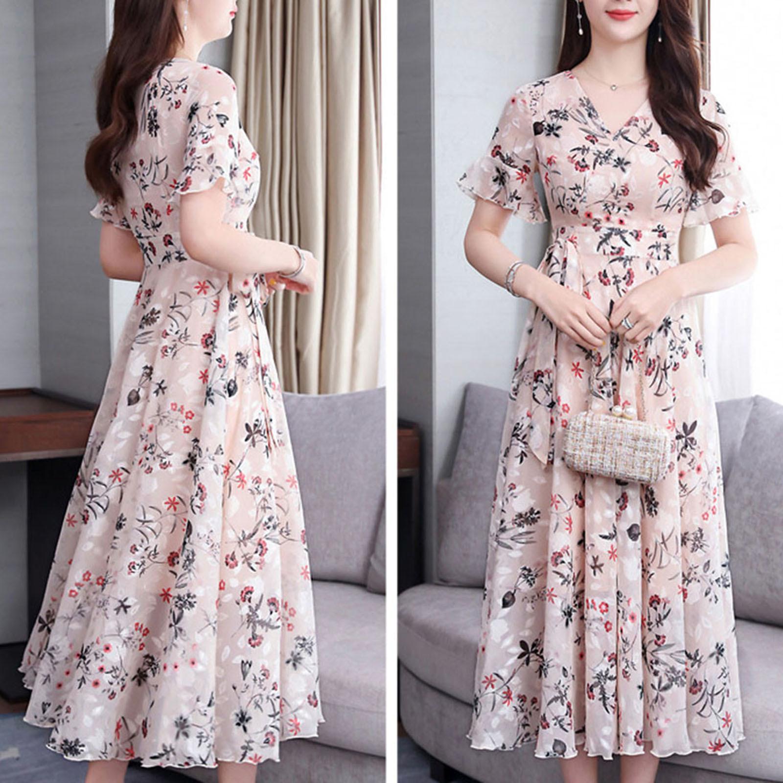 

Женское повседневное модное пляжное платье с v-образным вырезом и цветочным принтом с короткими рукавами XXL（5） розовый