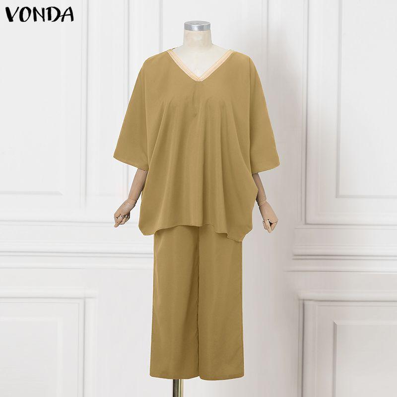 VONDA 2PCS Women Batwing Sleeve Blouse and Pants Casual Oversized Two Picecs Sets