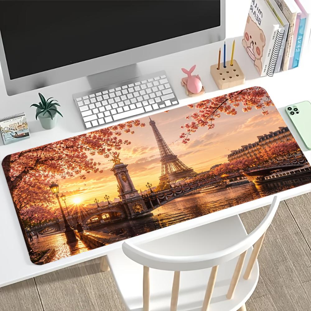 Large Gaming Mousepad Eiffel Tower Cherry Blossom Hd Print NonSlip Rubber Lock Edge Desk Mat For Pc Laptop Office Desktop Decor