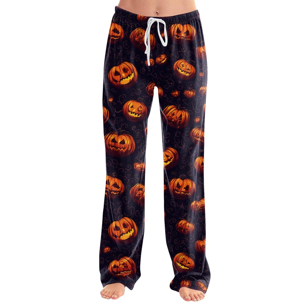 Women's Drawstring Lounge Pants Halloween Print Casual Loose Fit Full Length Elastic Waistband Pajama Bottoms
