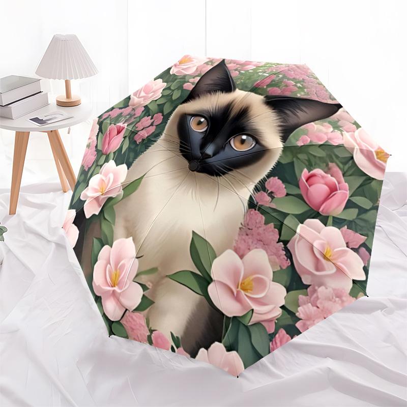 1pc Cat Floral Print Automatic Open/Close Umbrella - Compact Travel Umbrella, Gift for Birthdayyy251208147