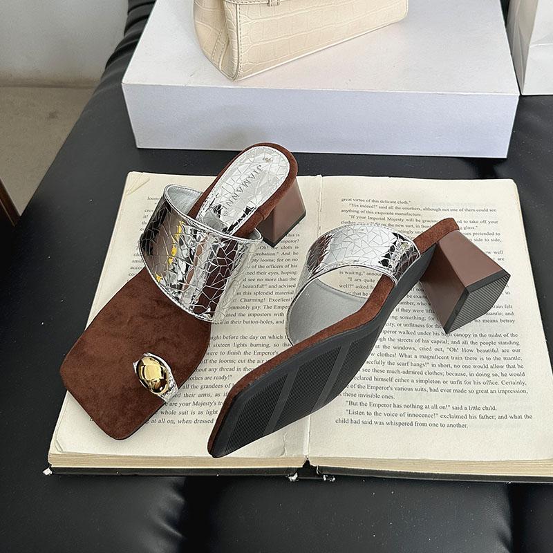 Fashion Female Slip On Footwear Women Square Heels Pumps Slides Shoes Fashion Metal Ladies Heels Pumps Shoes Sandals New 2025