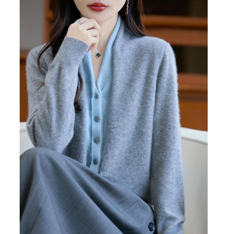 Women's French V-Neck Wool Cardigan - Faux Two-Piece, Long Sleeve, Color Block, Autumn/Winter Collection