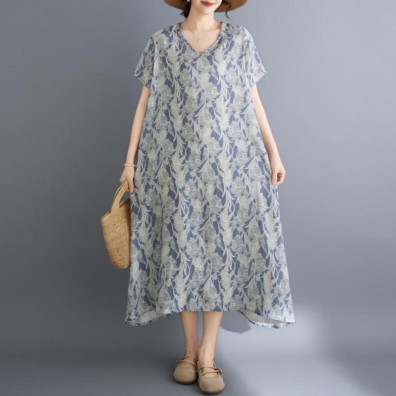 

Real Shot Summer V-Neck Retro Travel Print Flattering Cotton Linen Irregular Long Dress Large One-size
