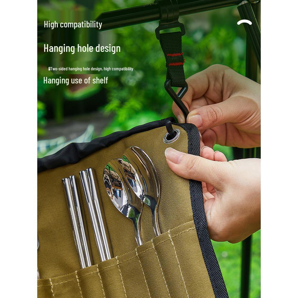 Stainless Steel Cutlery Set with Storage Bag: Chopsticks, Spoon, Fork, Knives, and Bowls for Outdoor Camping and Picnics.