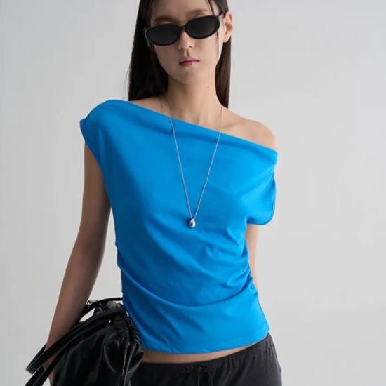 Off-Shoulder Jersey Top - Blue | Ruched Slim-Fit Casual Top S