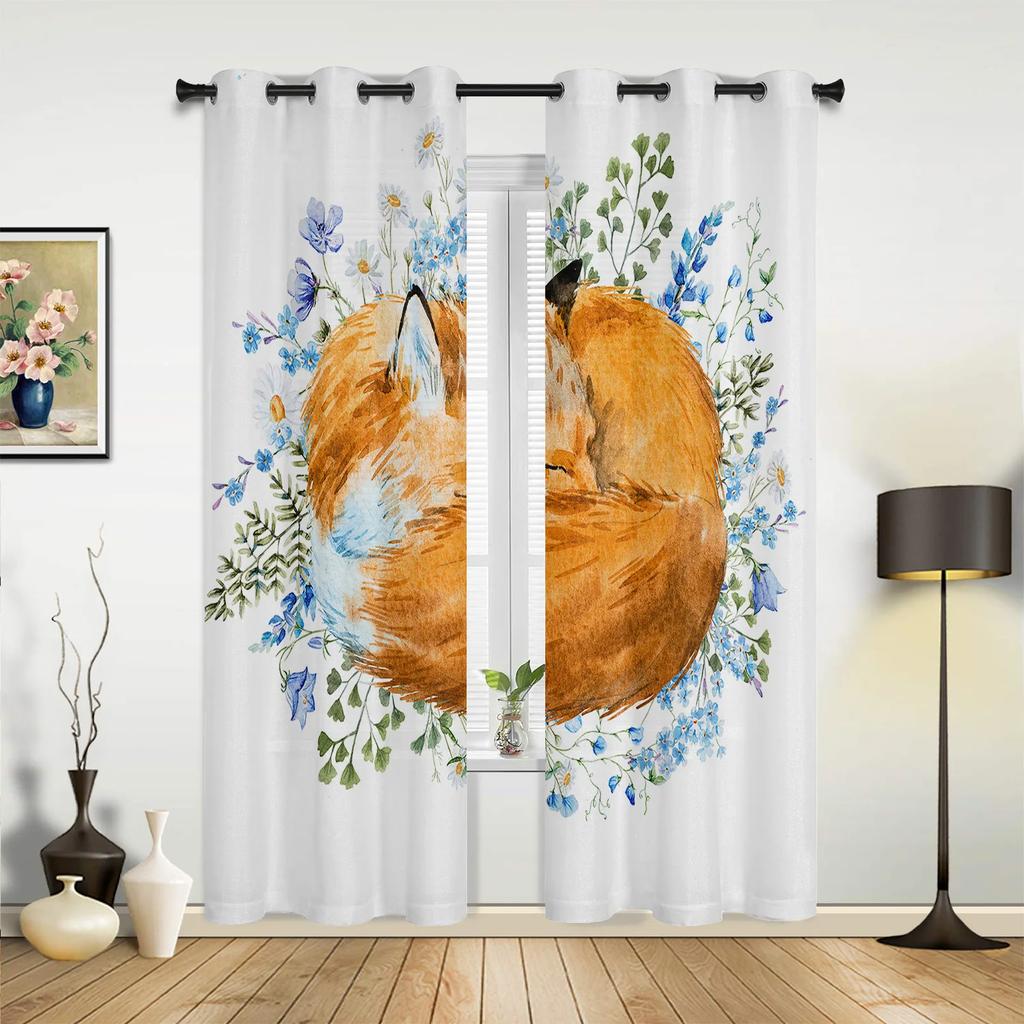 Animal Bird Fox Forest Winter Birch Tree Window Curtains Home Decor Living Room Curtains Kid's Room Cortinas For Kitchen Bedroom