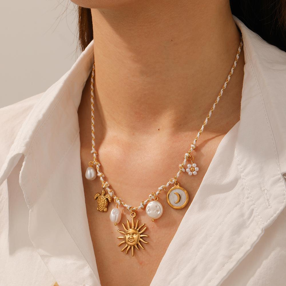 316L Stainless Steel Yellow White Rope Chain Sun Face Moon Tortoise Pendant Necklace 18k Gold Plated Waterproof Jewelry