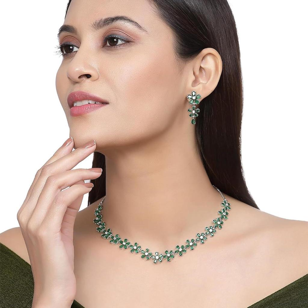 Rhodium Plated Silver Toned White American Diamond Studded Flower Shaped Jewellery Set For Girls and Women