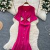 Sommer Damer Elegant V-hals Enkeltspent Strikket Futteral Genser Lang Maxi Fishtail Kjoler