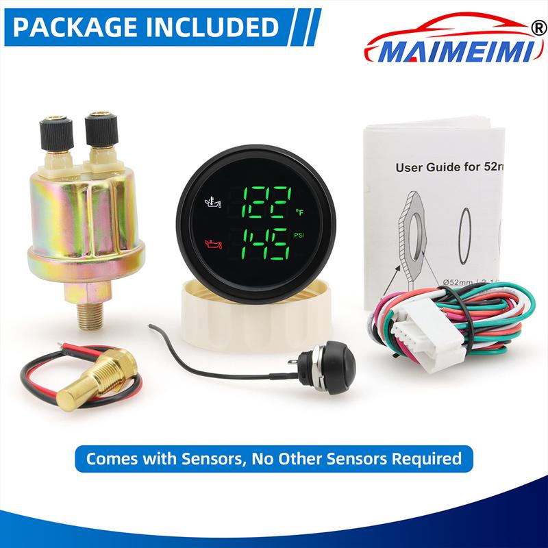 50~150 Celsius Oil Temperature Gauge 0-10 Bar Oil Pressure Gauge 2 IN 1 Car Gauge with Sensor Green/Red backlight for 12v/24v