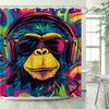 Digital Shower Curtain - Stylized Monkey, Colorful Headphones, Psychedelic Background, Playful Design