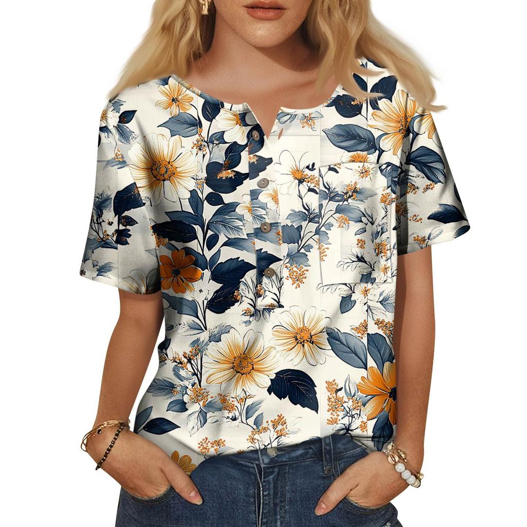 Dámská móda ležérní halenka s potiskem s kulatým výstřihem a krátkým rukávem