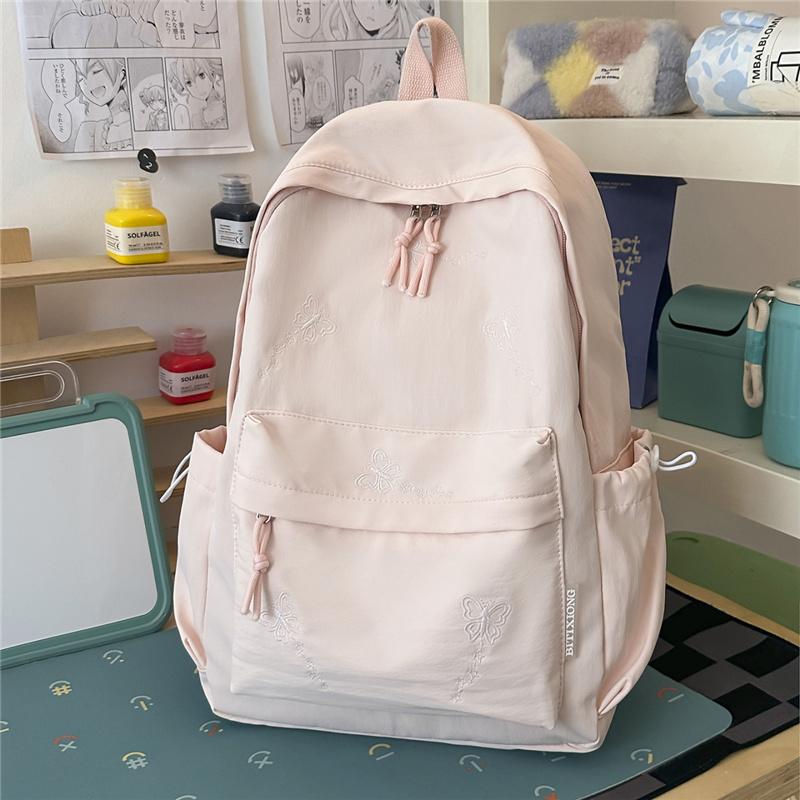 Cute Butterfly Embroidered School Backpack with Front Pocket Casual Daypack for Girls Daily Use