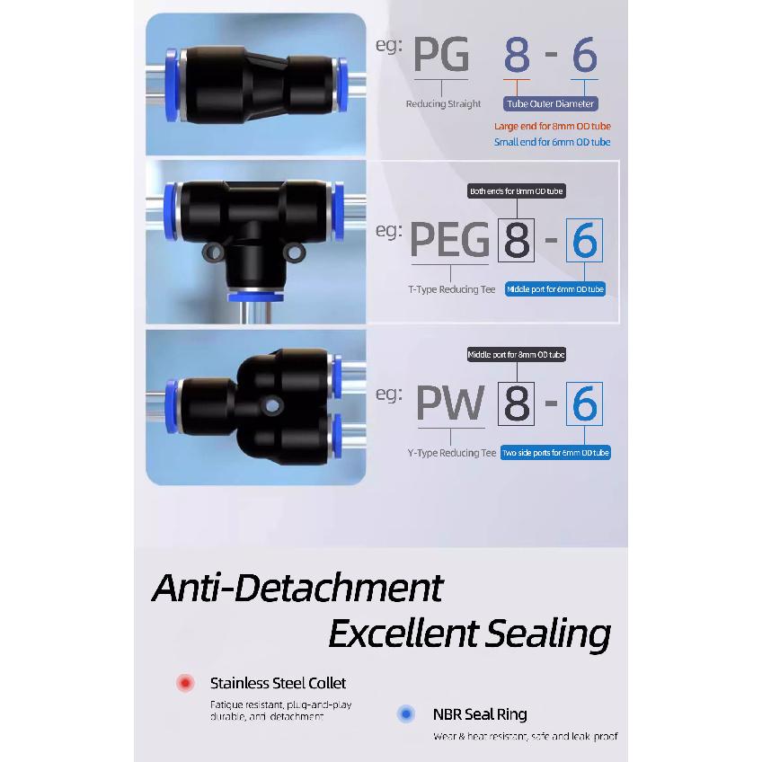 PG Pneumatic Fittings 2-Way Straight Connector Diameter Reduce For 8mm-6mm/6mm-4mm For Pneumatic Tube Air Hose Ventilation Valves 4