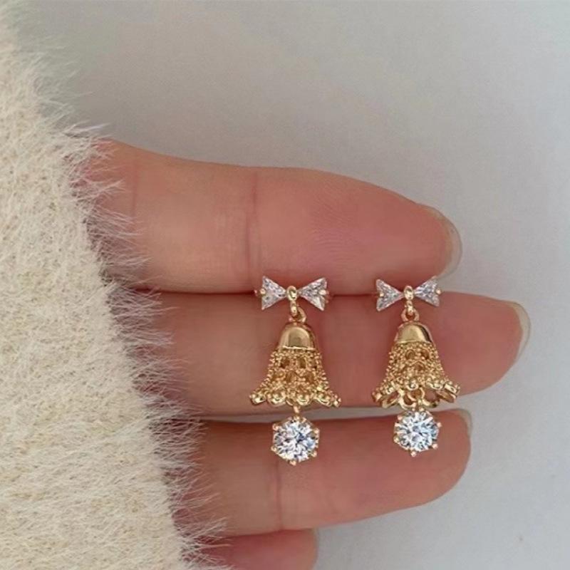 

Christmas Bell Stud Earrings: Cute Bowknot with Zircon Snowflake and Tree Design
