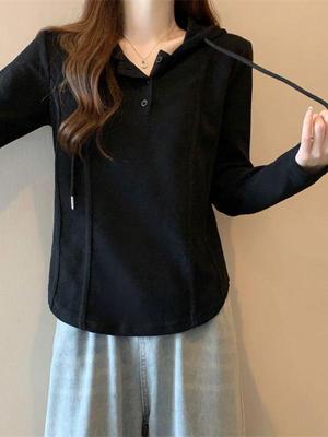 Korean Style Plus Size Hooded Cotton Long-Sleeve T-Shirt for Autumn/Winter - Fashionable Loose Fit Base Layer for Chubby Women