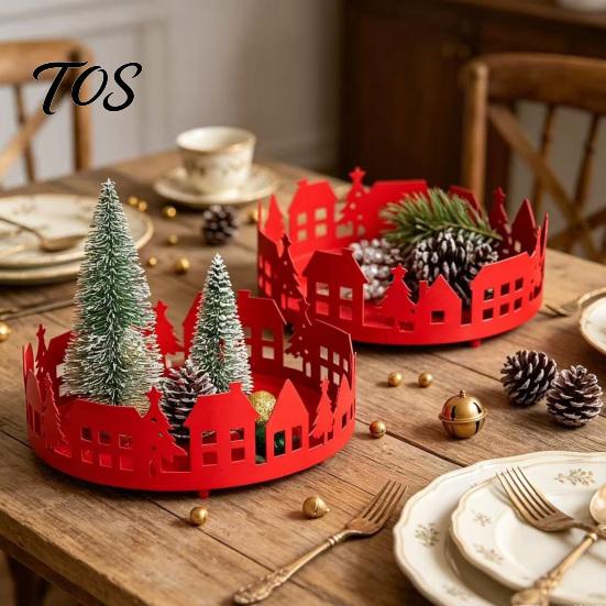Scented Candle Display Stand 2 Pcs Christmas Village House Tray, Tabletop Decorative Metal Tray with Desktop Set Tree Design, Organizer for