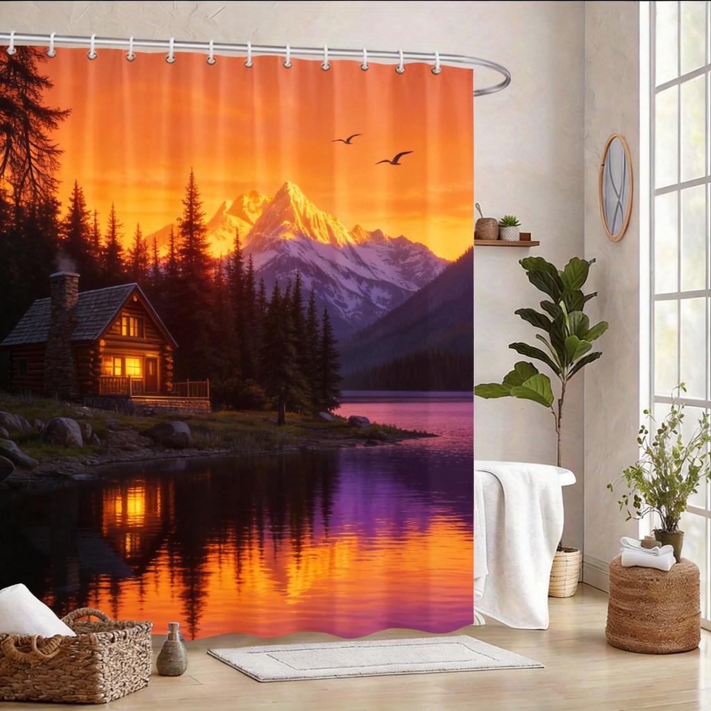 Lakeside Cabin Shower Curtain 180X180Cm – Rustic Wooden House With Snowy Peaks, Cozy Nature Bathroom Decor, 12 Hooks
