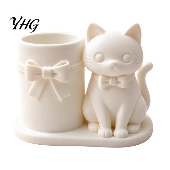 Minimalist Brush Holder 3D Print Cat Pen Holder, Matte PLA Pencil And Makeup Office Desk Organizer Storage Container, Stable Wide Base Bow Design Art