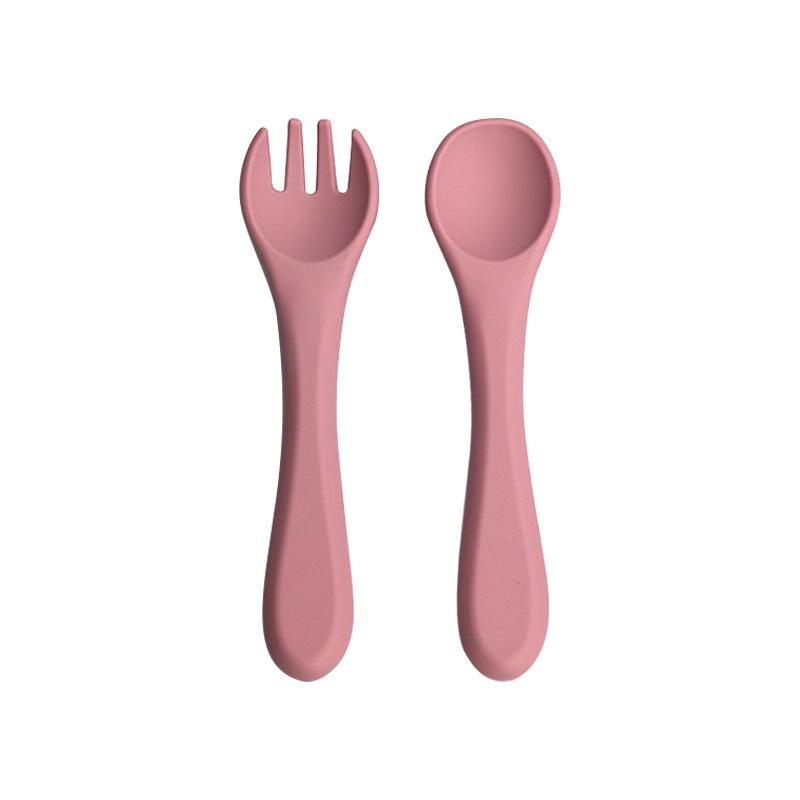 2pcs Bpa-free Soft Silicone Spoon And Fork Feeding Set For Babies Toddler Cutlery Solid Food Tableware Children YR-Dark-pink