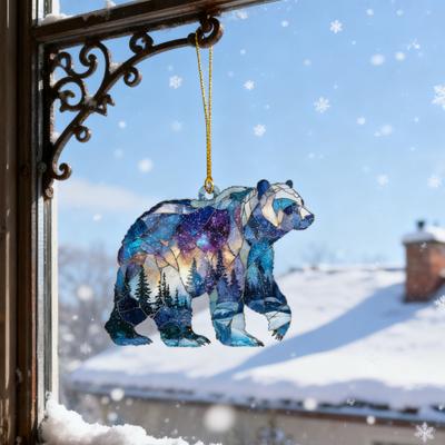 1/2/3/4/5Pcs Christmas Acrylic Polar Bear Hanging Decoration Car Rearview Mirror Xmas Tree 2D Flat Stained Glass Bear Hanging Ornament