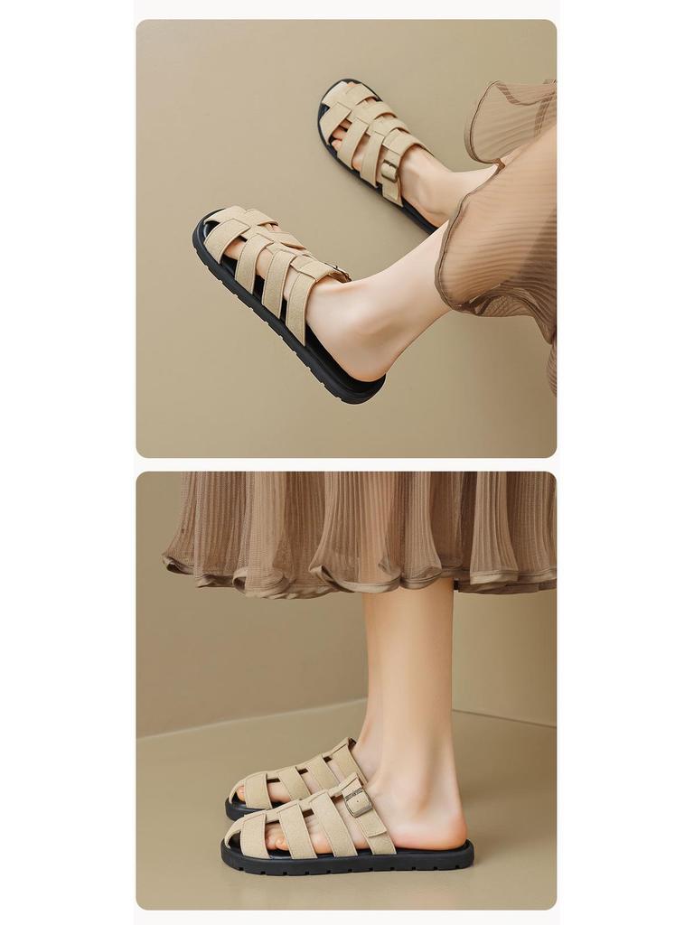 Weiwei Girl Women's French Retro Pointed Toe Woven Roman Slippers Sandals for Summer