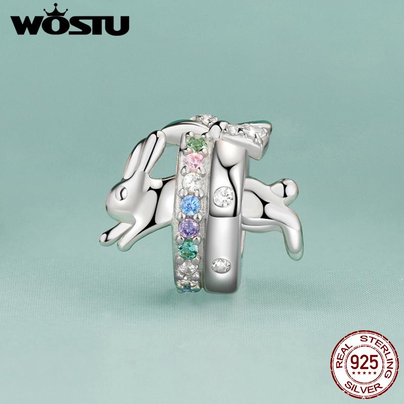 WOSTU Easter Eeries 925 Sterling Silver Colorful Rabbit Charm Lucky Star Egg Pendant Safty Chain Easter Basket Stuffers DIY Gift