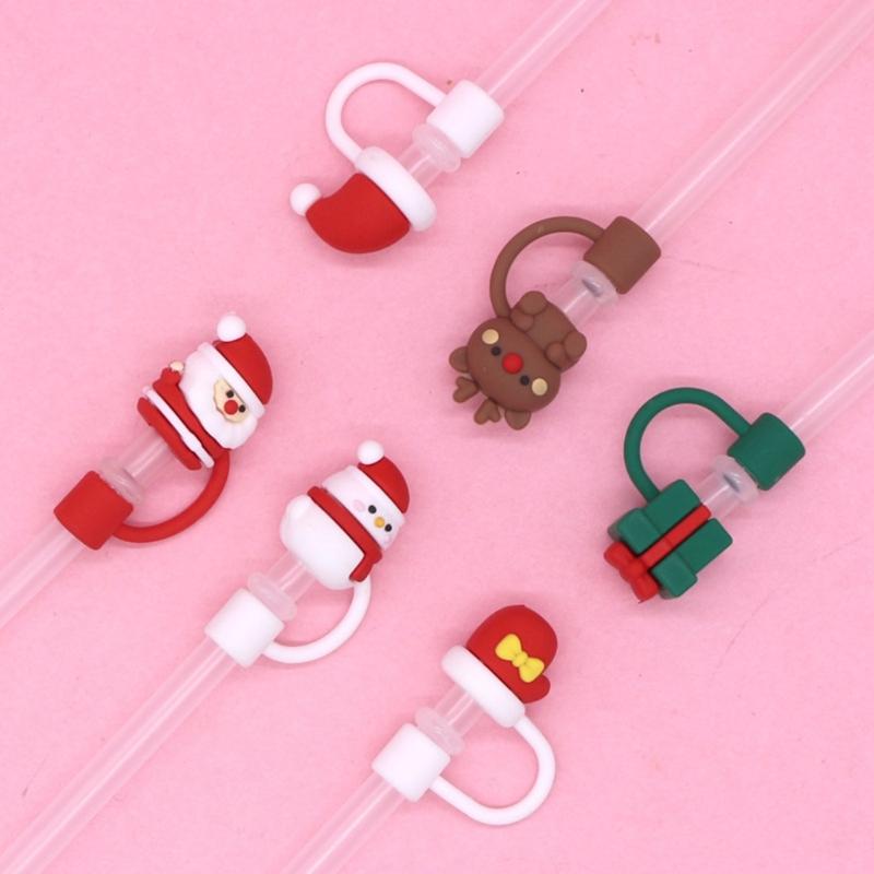 6pc Cartoon Christmas Silicone Straw Covers Cap Drinking Straw Tip Lids Reusable