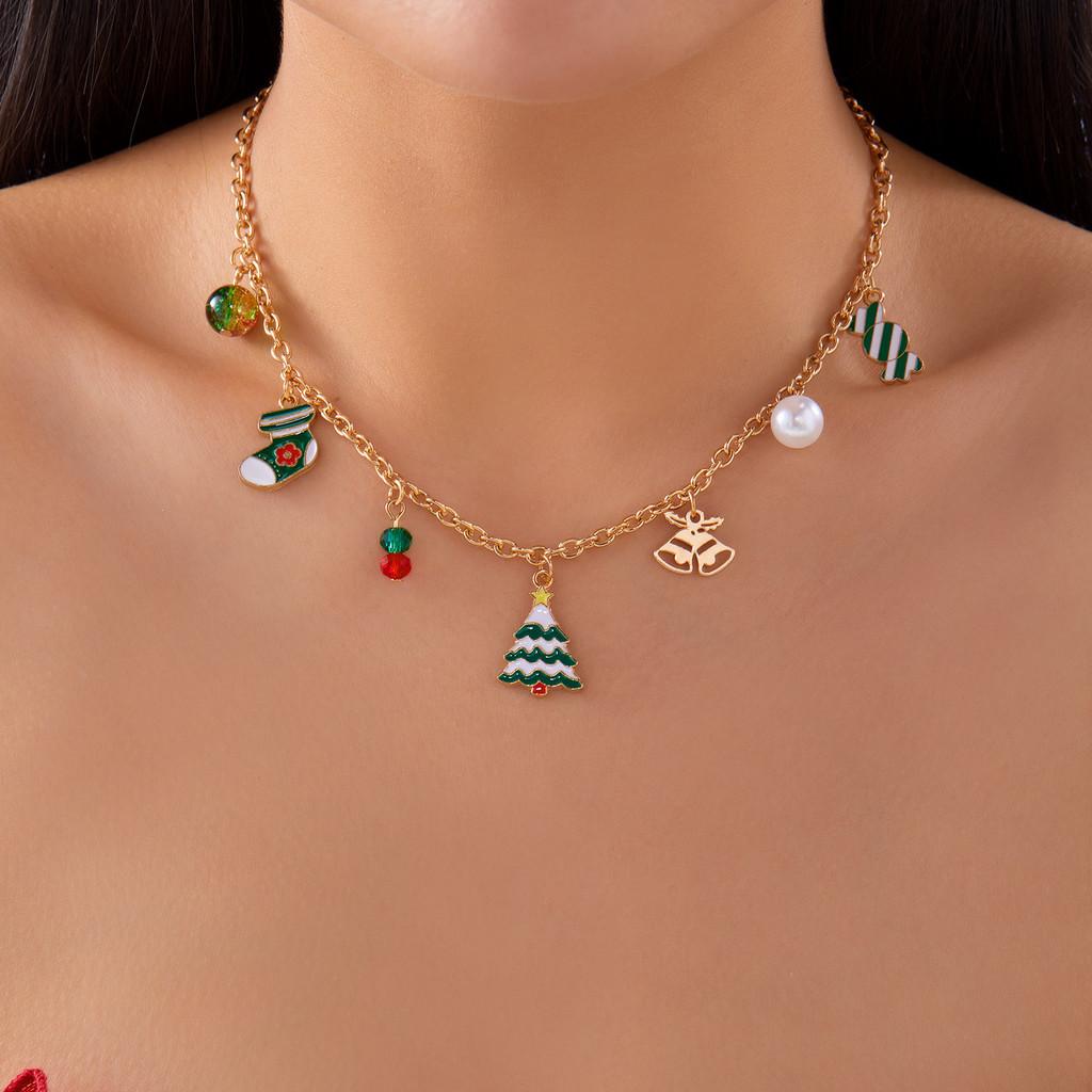 Santa Claus Charm Necklace With Pearl Chain And Festive Elements For Seasonal Gift