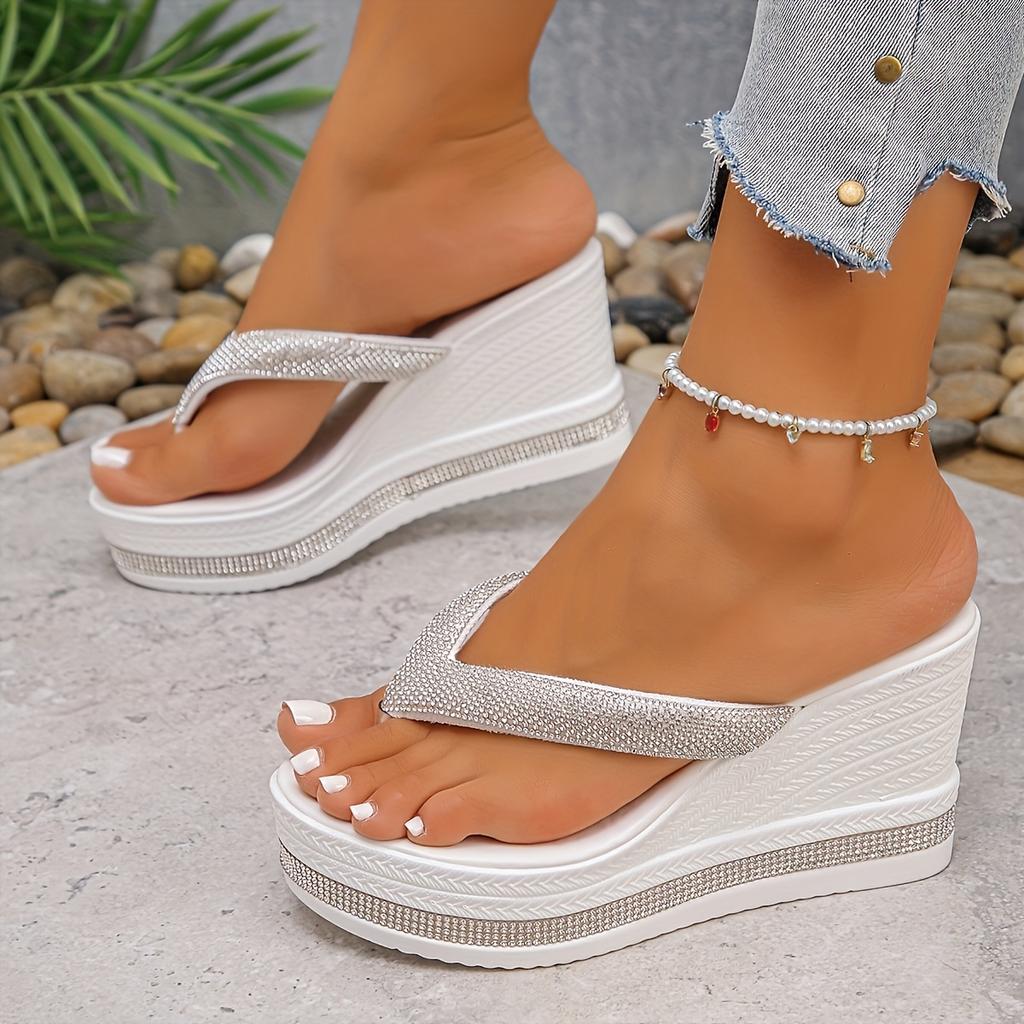 Luxus Leichte Strass Damen Flip-Flops Dicke Sohle Höhenverstellend Sommerlich Lässig Außen-Slipper, Damenschuhe