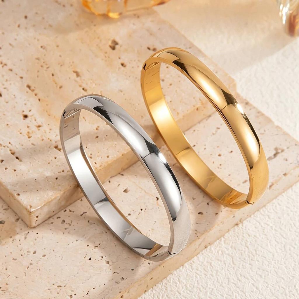 Salircon New Fashion Smooth 18K Gold Plated Stainless Steel Bangles for Women Stackable Metal Bracelet Charm Jewelry Accessories